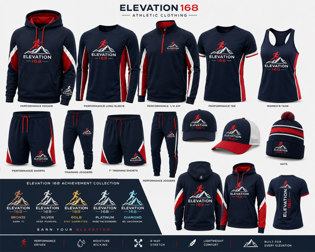 Elevation 168 performance apparel collection featuring hoodies, training tops, shorts, joggers, caps, and hats